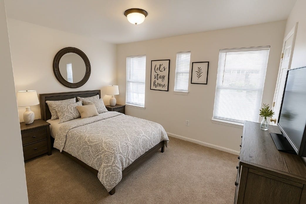 A carpeted bedroom in a Kent Island Village home with a queen bed, two nightstand lamps, a round mirror, and a dresser beneath bright windows