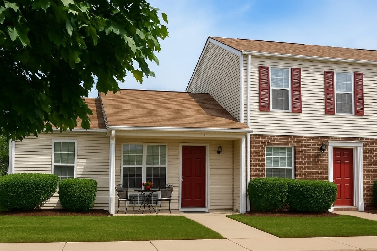 A Kent Island Village townhome front with cream and brick siding, a covered porch with a small bistro table, a red door, and trimmed shrubs along the walkway