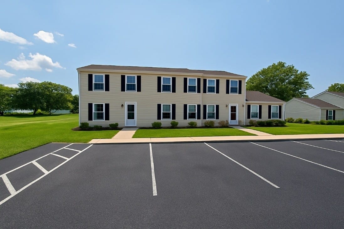 A row of two-story Kent Island Village townhomes with cream siding, black shutters, white-trimmed windows, and red and white front doors, beside a freshly striped parking lot and green lawn under a blue sky