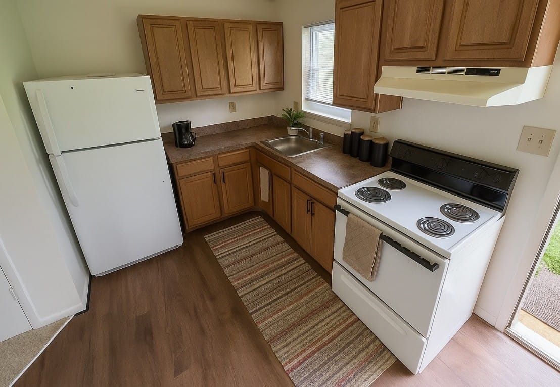 A galley kitchen in a Kent Island Village home with oak cabinets, a white refrigerator and electric range, a vent hood, and a striped runner on wood-look flooring