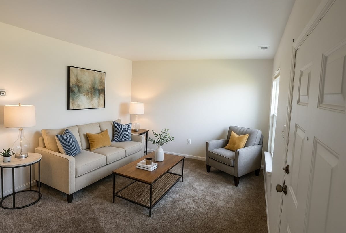 A living room in a Kent Island Village home with a beige sofa, gray armchair, coffee table, framed art, and wall-to-wall carpeting