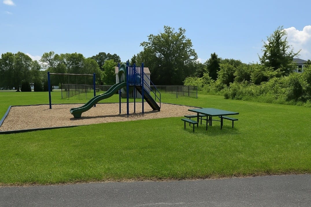 A blue and green slide-and-climber play structure and swing bars on a mulch bed at Kent Island Village, with an open ballfield and trees behind